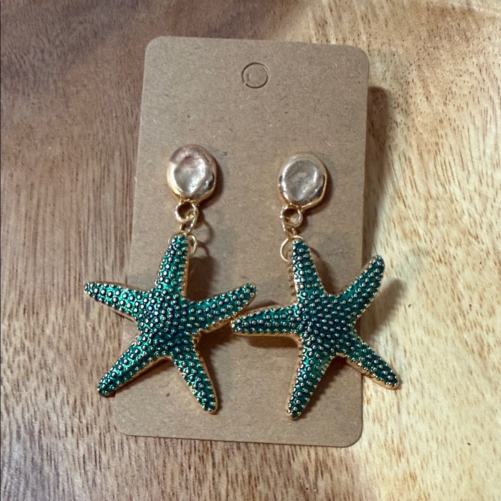 Teal Starfish Drop Earrings with Gold Accents